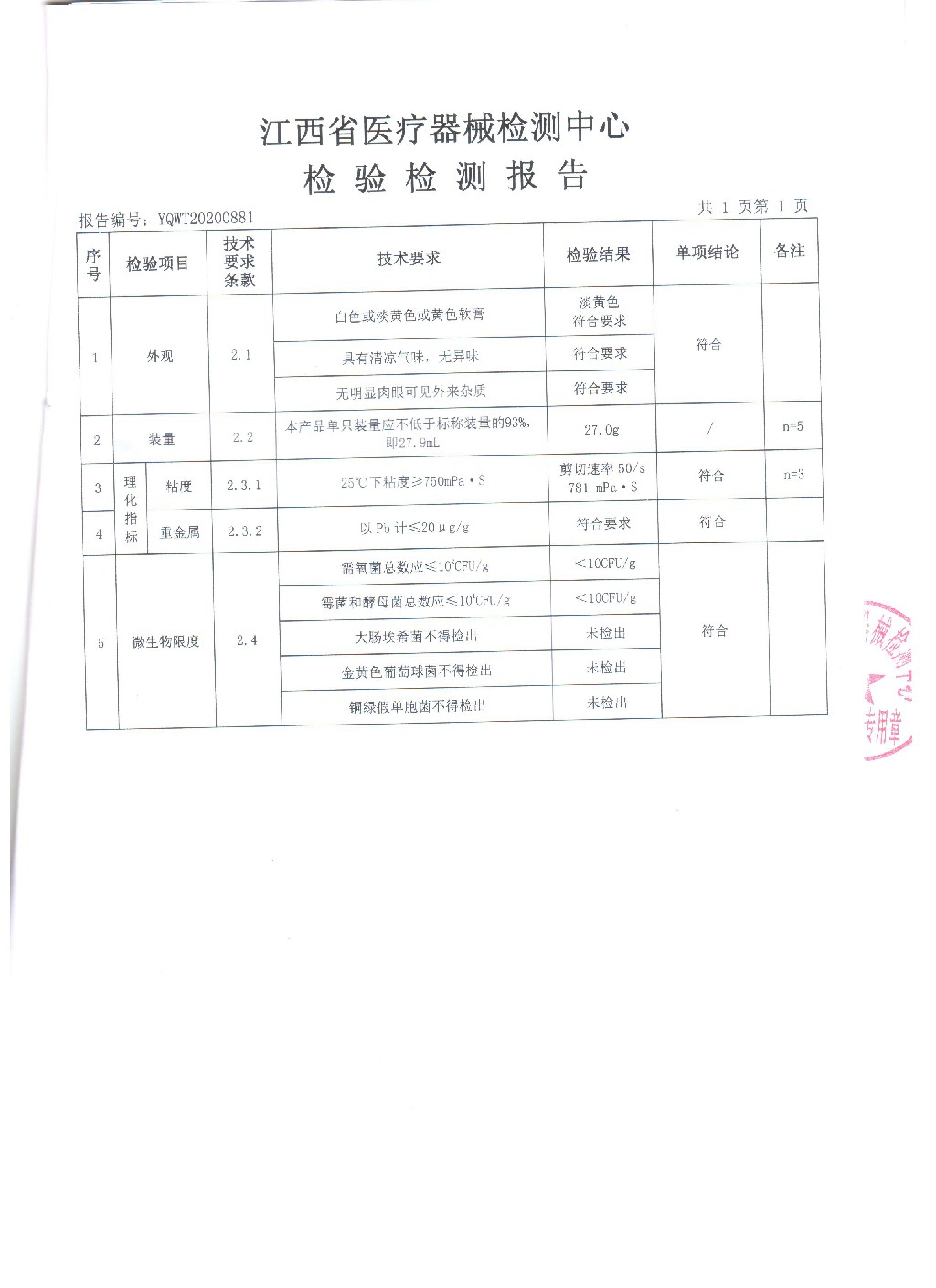 鼻阻隔劑的注冊檢驗報告